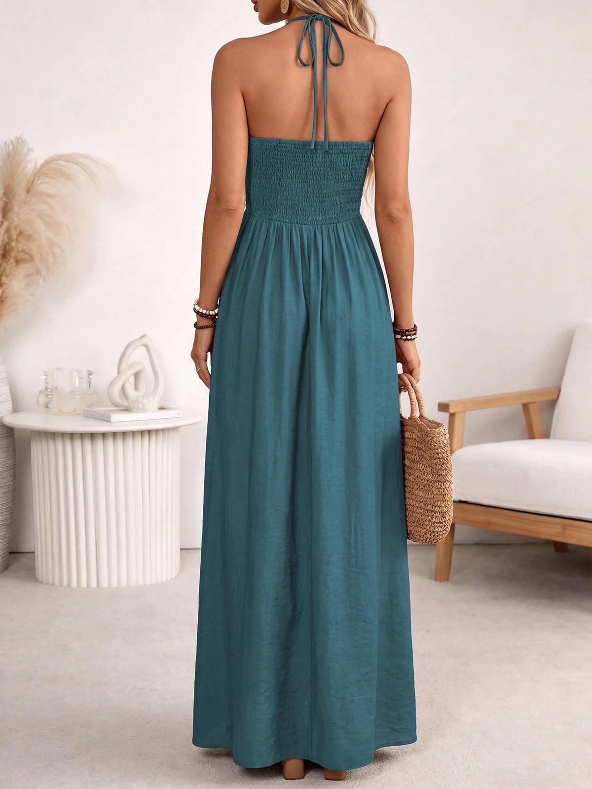 LUNE Women's Spring/Summer Brown Single-Thread Slub Linen Blend Rayon Spaghetti Strap Tie Bow Front Double Layer Pleated Shirred A-Line Back Waist Gathered Elastic A-Line Long Cami Dress, Elegan