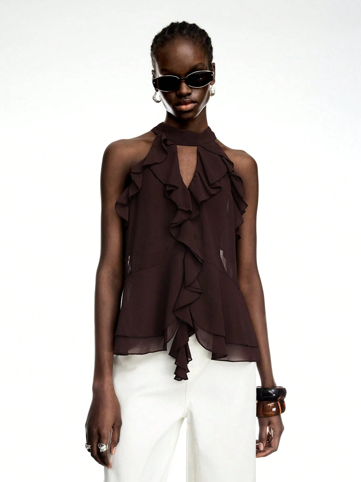 LYSMO 2025 New Arrival Brown Ruffle Chiffon Halter Top With Tie – Boho Elegant Sexy Summer Style Going Out