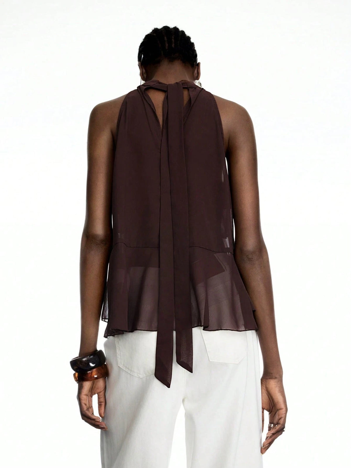 LYSMO 2025 New Arrival Brown Ruffle Chiffon Halter Top With Tie – Boho Elegant Sexy Summer Style Going Out