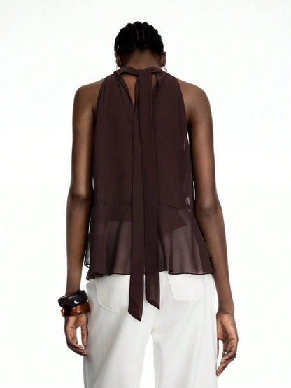 LYSMO 2025 New Arrival Brown Ruffle Chiffon Halter Top With Tie – Boho Elegant Sexy Summer Style Going Out