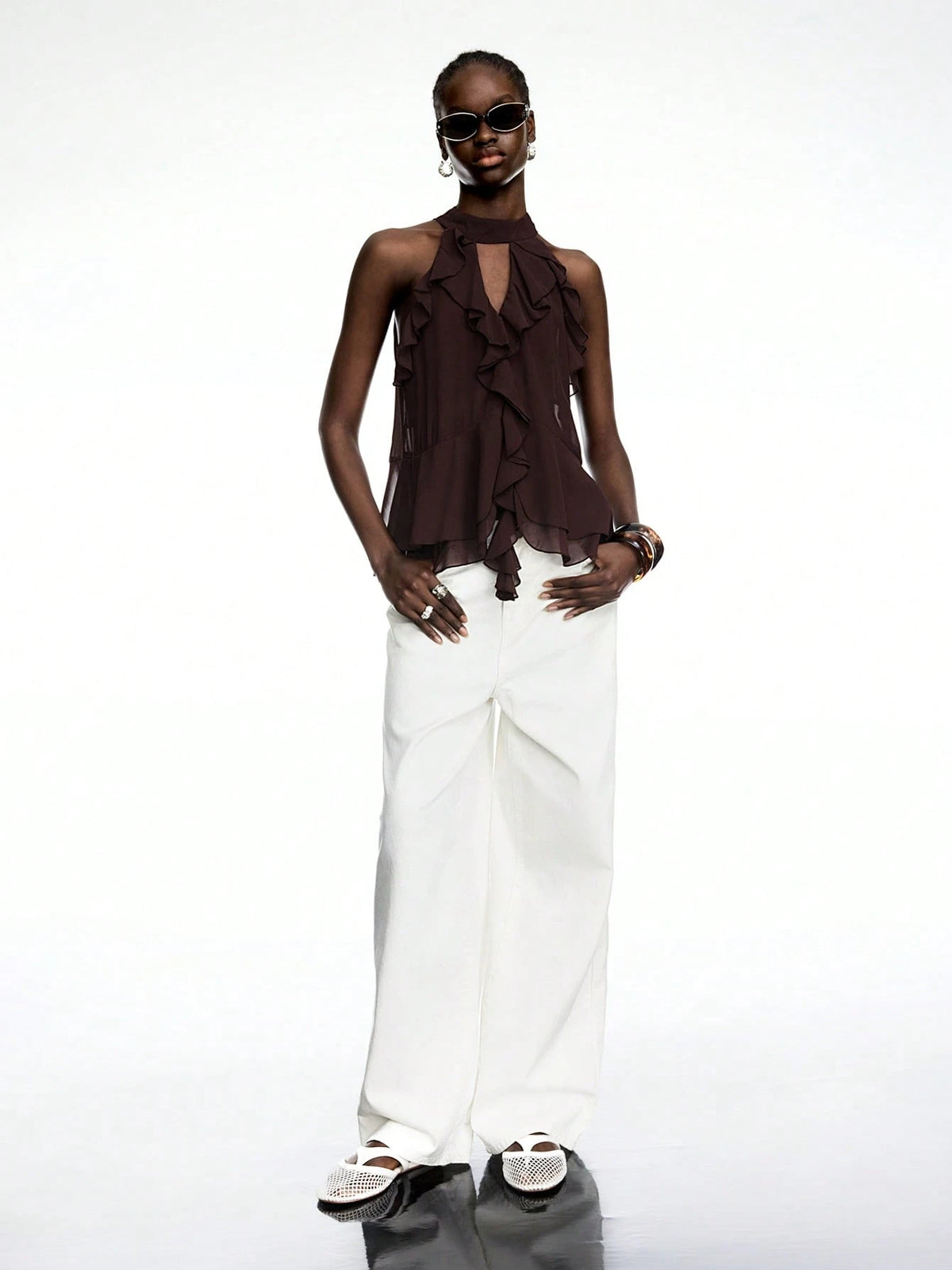 LYSMO 2025 New Arrival Brown Ruffle Chiffon Halter Top With Tie – Boho Elegant Sexy Summer Style Going Out