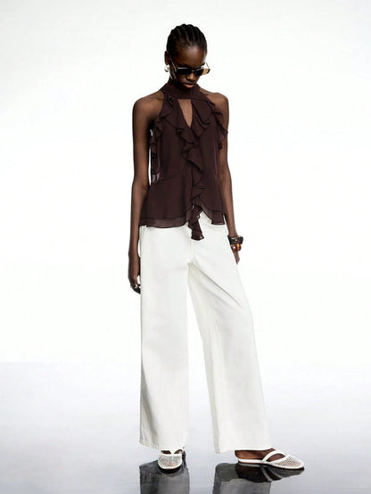 LYSMO 2025 New Arrival Brown Ruffle Chiffon Halter Top With Tie – Boho Elegant Sexy Summer Style Going Out