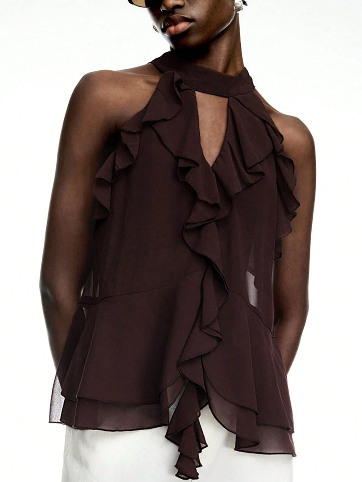 LYSMO 2025 New Arrival Brown Ruffle Chiffon Halter Top With Tie – Boho Elegant Sexy Summer Style Going Out