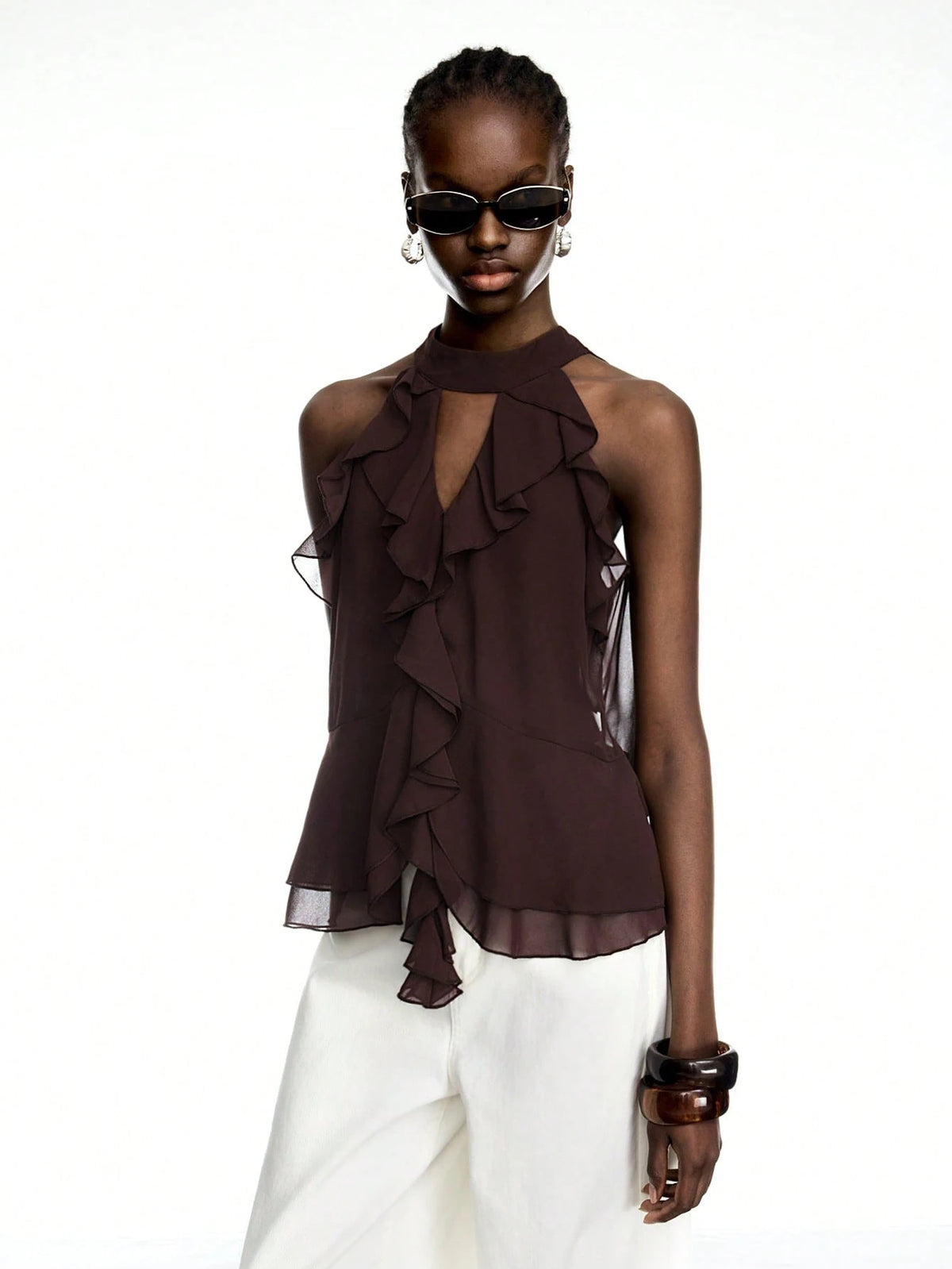 LYSMO 2025 New Arrival Brown Ruffle Chiffon Halter Top With Tie – Boho Elegant Sexy Summer Style Going Out