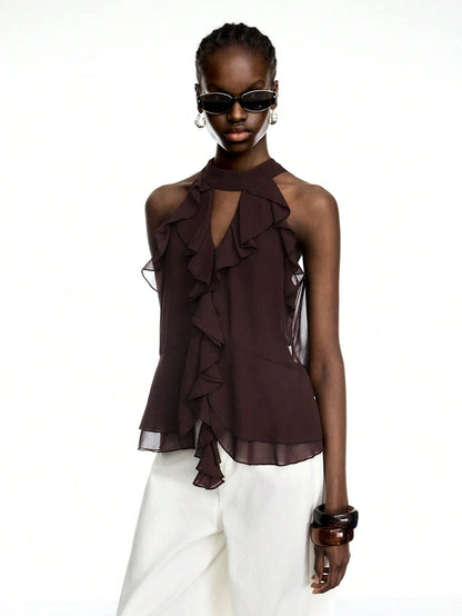 LYSMO 2025 New Arrival Brown Ruffle Chiffon Halter Top With Tie – Boho Elegant Sexy Summer Style Going Out
