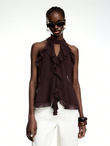 LYSMO 2025 New Arrival Brown Ruffle Chiffon Halter Top With Tie – Boho Elegant Sexy Summer Style Going Out
