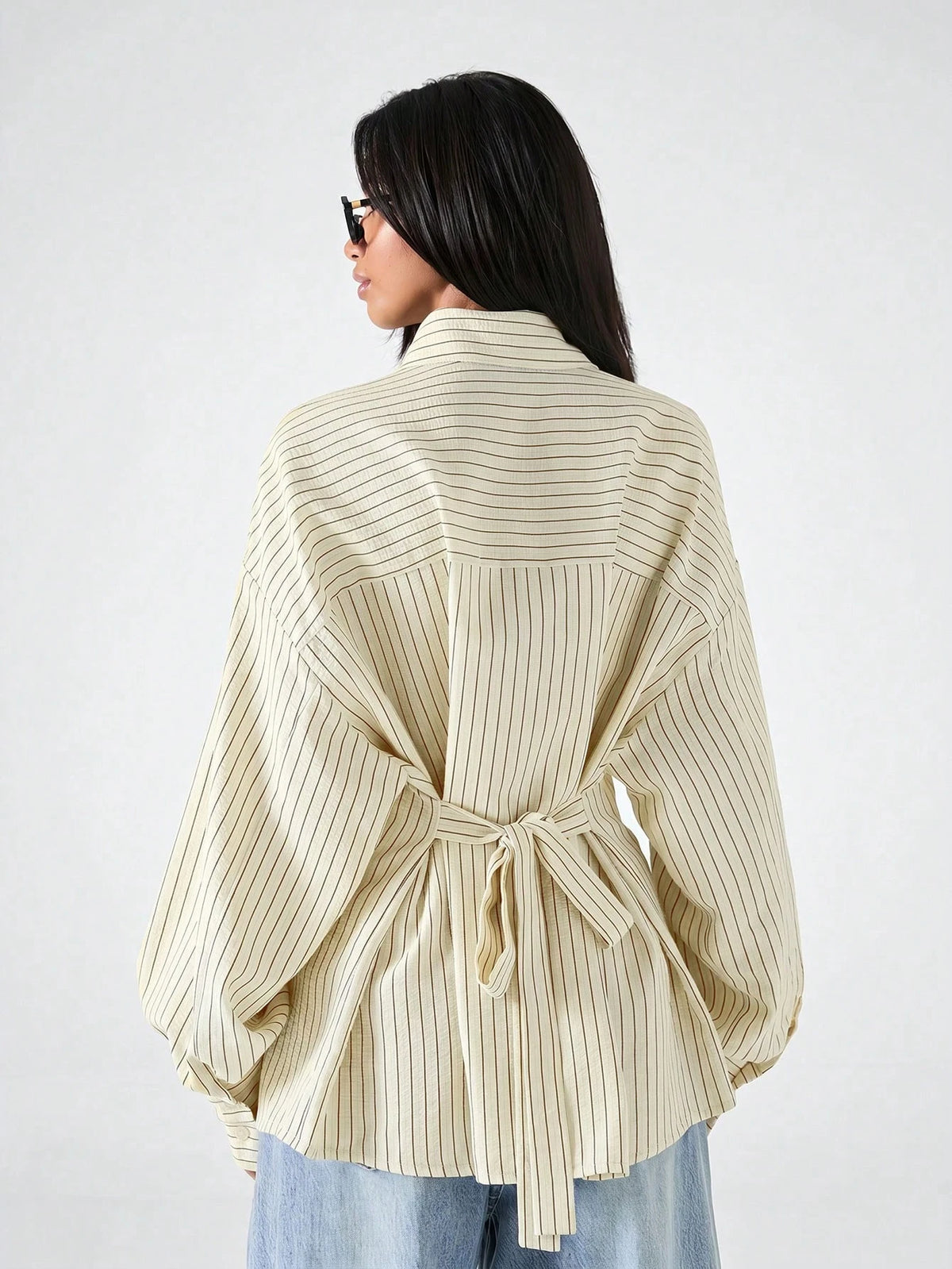 LYSMO 2026 New Minimalist Women's Striped Beige Print Loose Backless Blouse,Chic Autumn Office Work Shirt,Casual Tie-Front Tie-Waist Top For Daily Wear