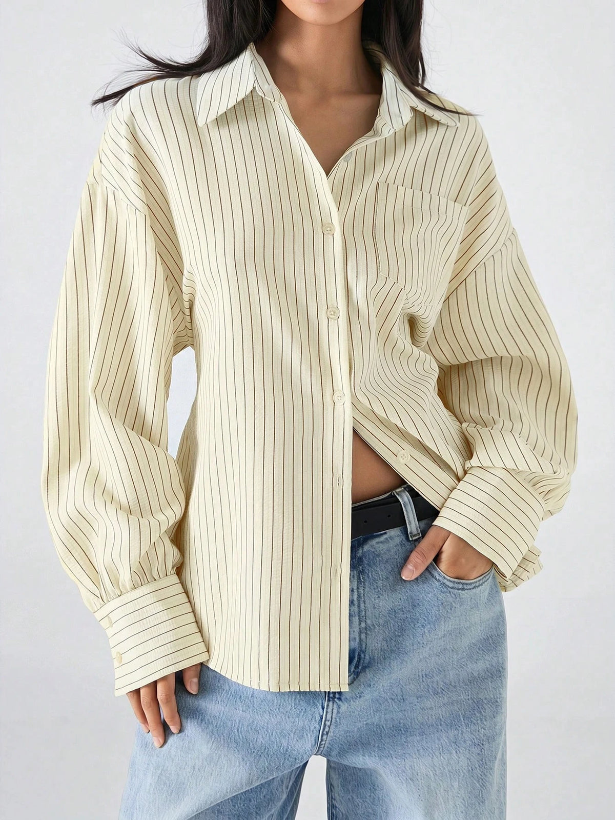 LYSMO 2026 New Minimalist Women's Striped Beige Print Loose Backless Blouse,Chic Autumn Office Work Shirt,Casual Tie-Front Tie-Waist Top For Daily Wear
