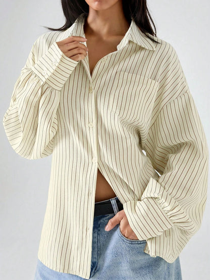 LYSMO 2026 New Minimalist Women's Striped Beige Print Loose Backless Blouse,Chic Autumn Office Work Shirt,Casual Tie-Front Tie-Waist Top For Daily Wear
