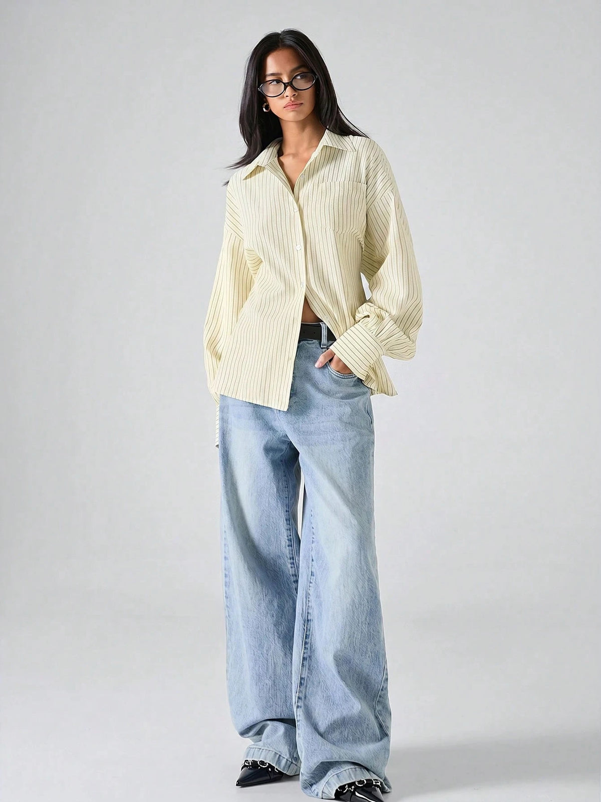 LYSMO 2026 New Minimalist Women's Striped Beige Print Loose Backless Blouse,Chic Autumn Office Work Shirt,Casual Tie-Front Tie-Waist Top For Daily Wear