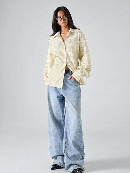 LYSMO 2026 New Minimalist Women's Striped Beige Print Loose Backless Blouse,Chic Autumn Office Work Shirt,Casual Tie-Front Tie-Waist Top For Daily Wear