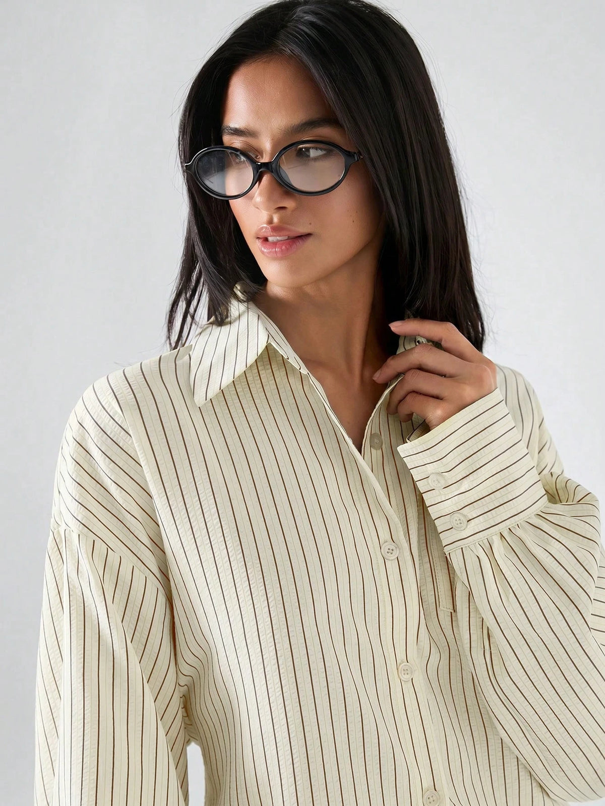 LYSMO 2026 New Minimalist Women's Striped Beige Print Loose Backless Blouse,Chic Autumn Office Work Shirt,Casual Tie-Front Tie-Waist Top For Daily Wear