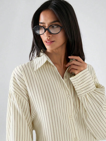 LYSMO 2026 New Minimalist Women's Striped Beige Print Loose Backless Blouse,Chic Autumn Office Work Shirt,Casual Tie-Front Tie-Waist Top For Daily Wear