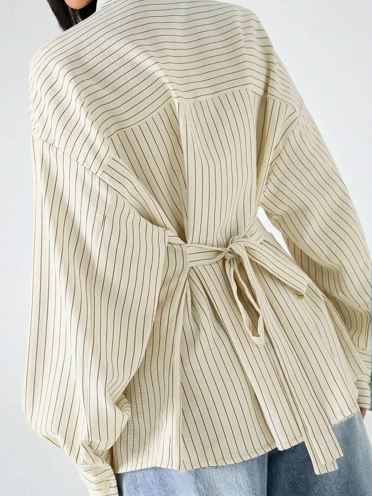 LYSMO 2026 New Minimalist Women's Striped Beige Print Loose Backless Blouse,Chic Autumn Office Work Shirt,Casual Tie-Front Tie-Waist Top For Daily Wear