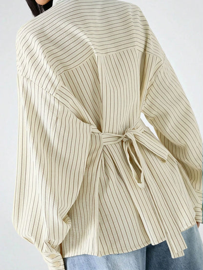 LYSMO 2026 New Minimalist Women's Striped Beige Print Loose Backless Blouse,Chic Autumn Office Work Shirt,Casual Tie-Front Tie-Waist Top For Daily Wear