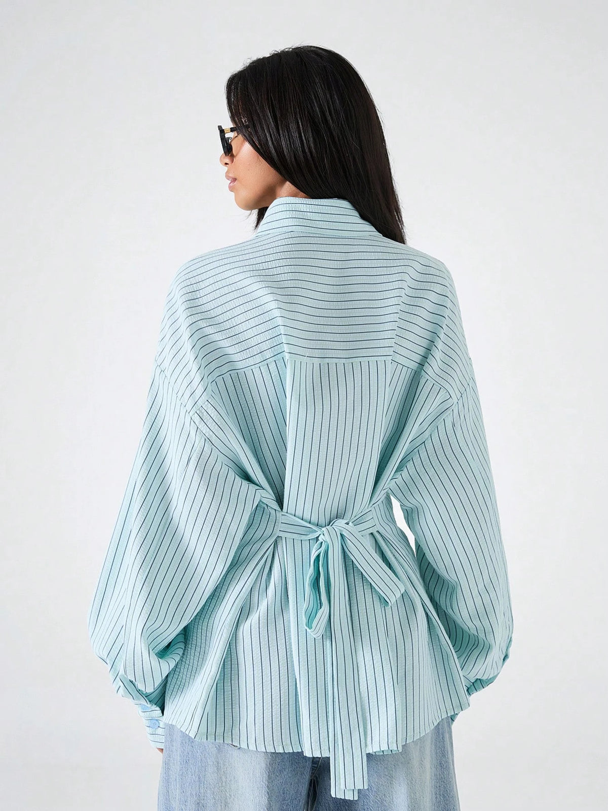 LYSMO 2026 New Minimalist Women's Striped Beige Print Loose Backless Blouse,Chic Autumn Office Work Shirt,Casual Tie-Front Tie-Waist Top For Daily Wear