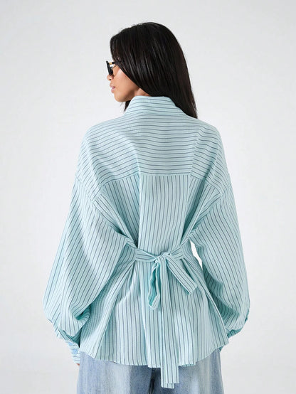 LYSMO 2026 New Minimalist Women's Striped Beige Print Loose Backless Blouse,Chic Autumn Office Work Shirt,Casual Tie-Front Tie-Waist Top For Daily Wear