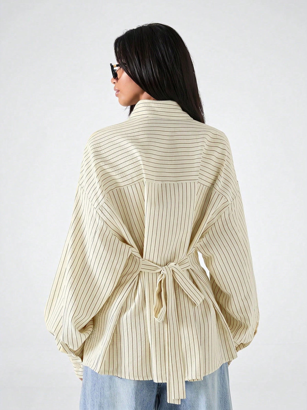 LYSMO 2026 New Minimalist Women's Striped Beige Print Loose Backless Blouse,Chic Autumn Office Work Shirt,Casual Tie-Front Tie-Waist Top For Daily Wear