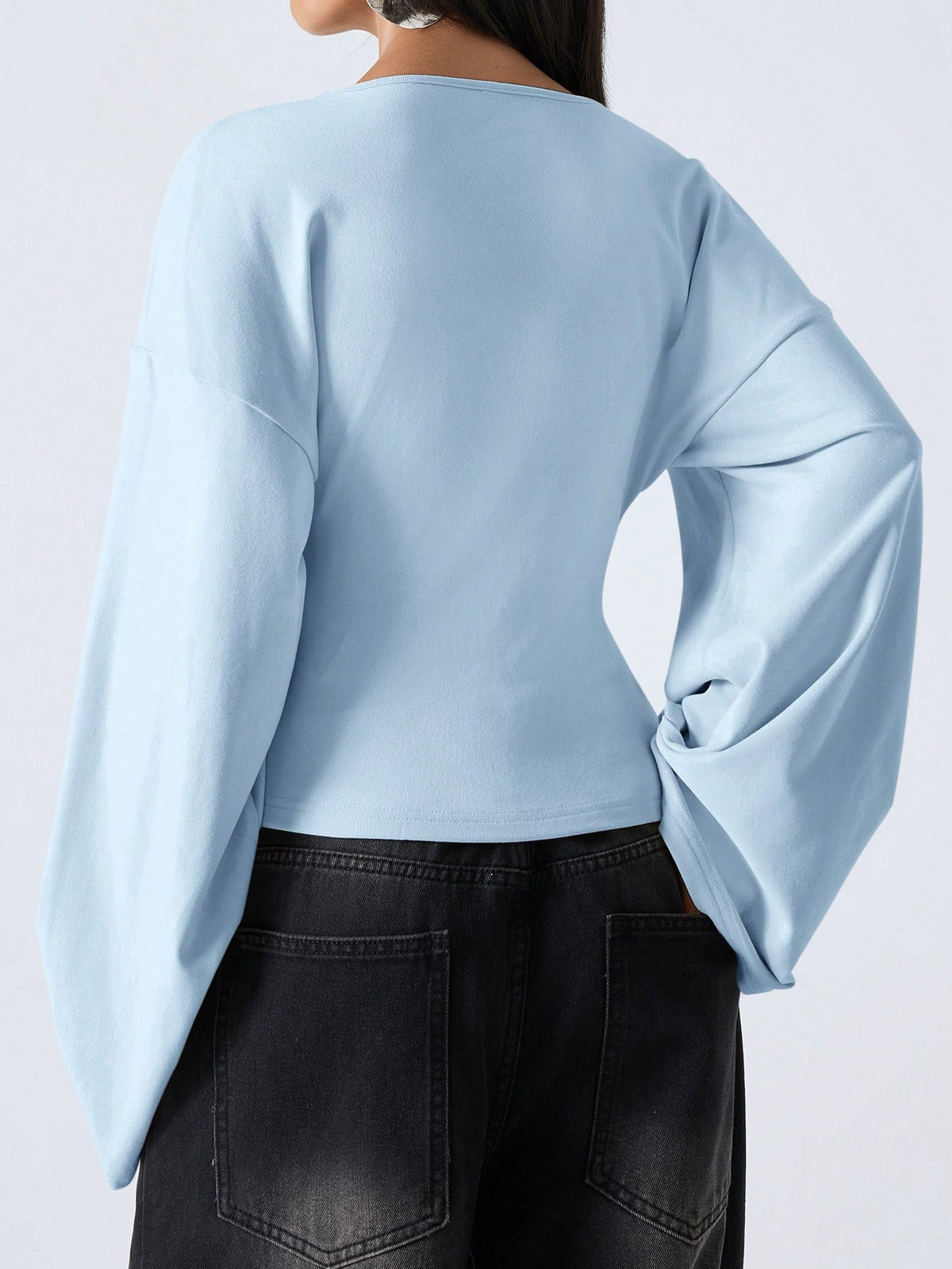 LYSMO 2026 Women's Minimalist Bell-Sleeve Shirt,Solid Color Deep V-Neck Elegant Top For Commuting,Christmas,New Year,Baby Blue,Autumn,Casual,Brunch Stylish