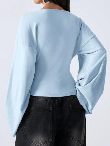 LYSMO 2026 Women's Minimalist Bell-Sleeve Shirt,Solid Color Deep V-Neck Elegant Top For Commuting,Christmas,New Year,Baby Blue,Autumn,Casual,Brunch Stylish