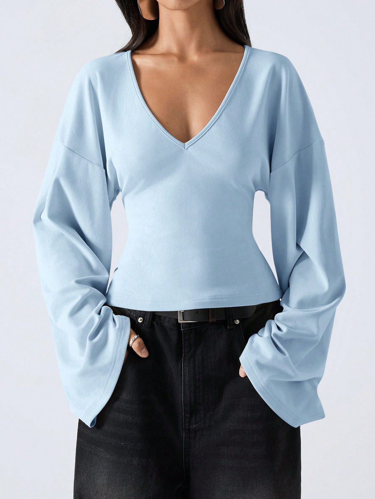 LYSMO 2026 Women's Minimalist Bell-Sleeve Shirt,Solid Color Deep V-Neck Elegant Top For Commuting,Christmas,New Year,Baby Blue,Autumn,Casual,Brunch Stylish
