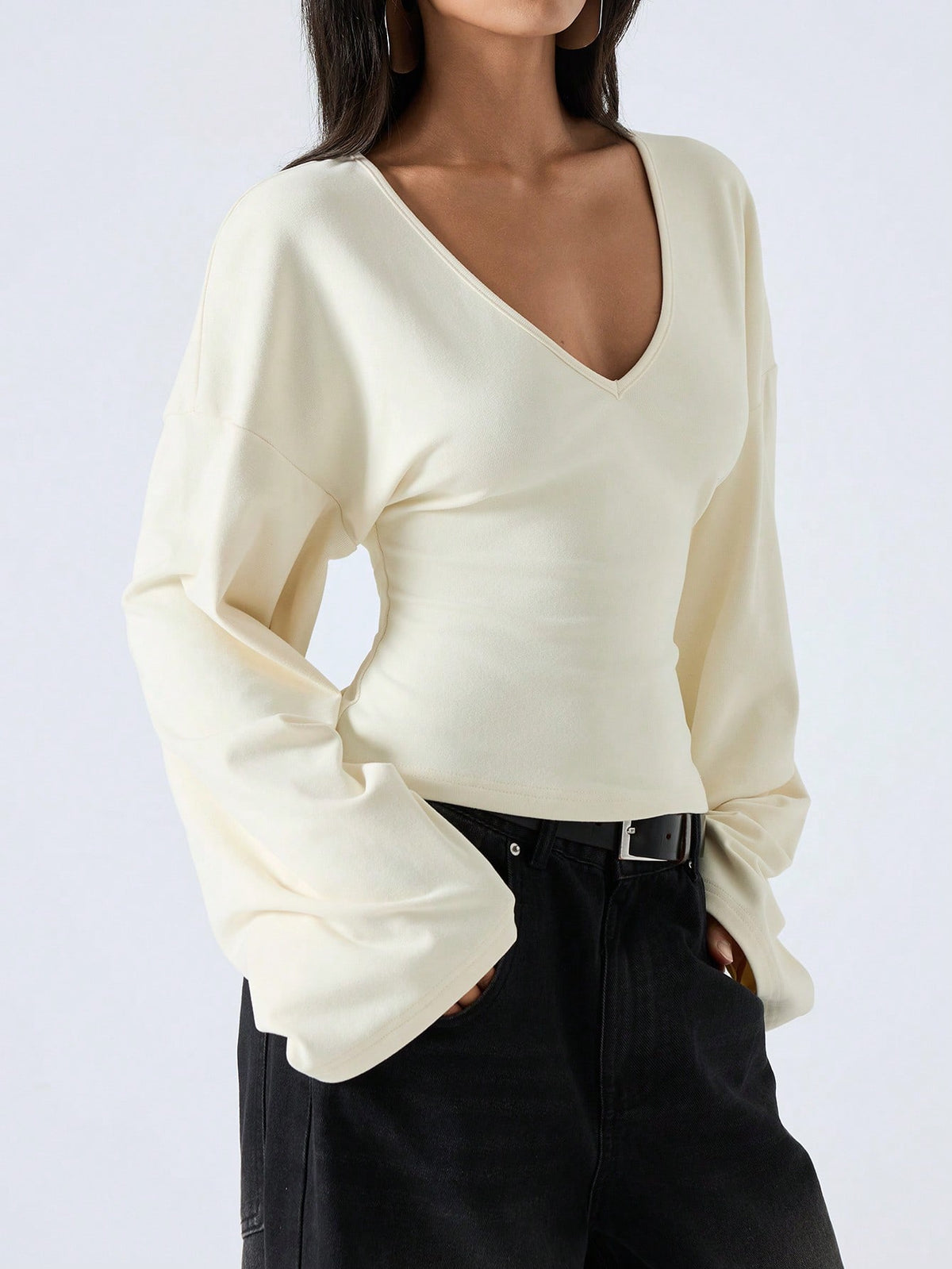 LYSMO 2026 Women's Minimalist Bell-Sleeve Shirt,Solid Color Deep V-Neck Elegant Top For Commuting,Christmas,New Year,Baby Blue,Autumn,Casual,Brunch Stylish