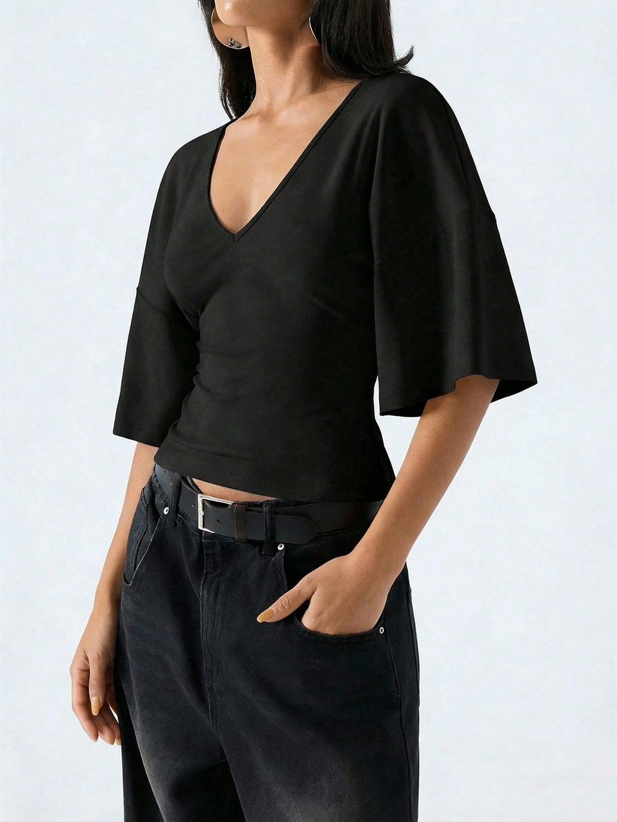 LYSMO Women's Black Summer Casual Night Out Deep V-Neck Bell Sleeve Shirt,Elegant Fashionable Solid Color Smart Tops,Versatile For Commuting & Graduation