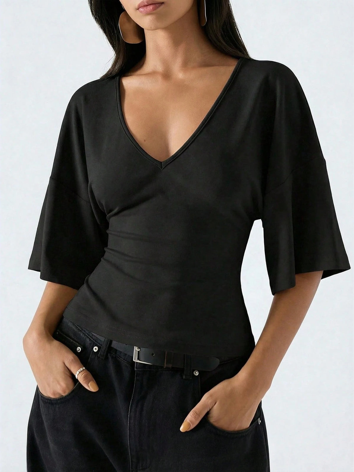 LYSMO Women's Black Summer Casual Night Out Deep V-Neck Bell Sleeve Shirt,Elegant Fashionable Solid Color Smart Tops,Versatile For Commuting & Graduation