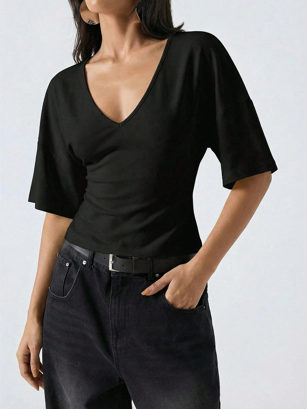 LYSMO Women's Black Summer Casual Night Out Deep V-Neck Bell Sleeve Shirt,Elegant Fashionable Solid Color Smart Tops,Versatile For Commuting & Graduation