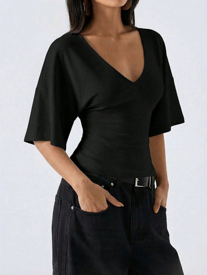 LYSMO Women's Black Summer Casual Night Out Deep V-Neck Bell Sleeve Shirt,Elegant Fashionable Solid Color Smart Tops,Versatile For Commuting & Graduation