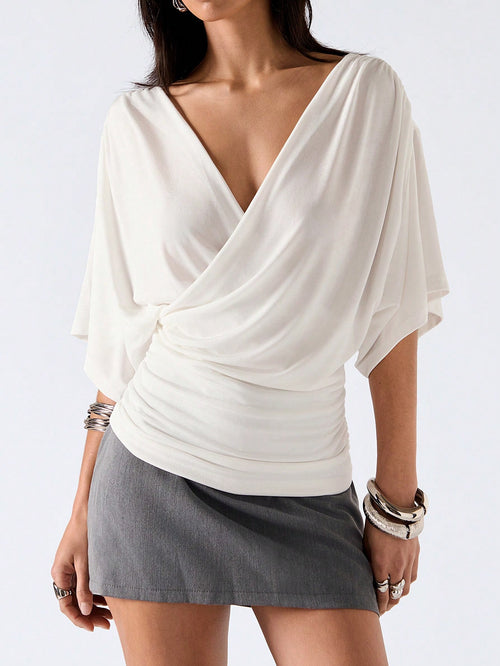 LYSMO Women's White Elegant Summer Brunch Minimalism Solid Color Overlapping V-Neck Batwing Short Sleeve Casual T-Shirt,Draped Wrap Scarf Shawl Tops