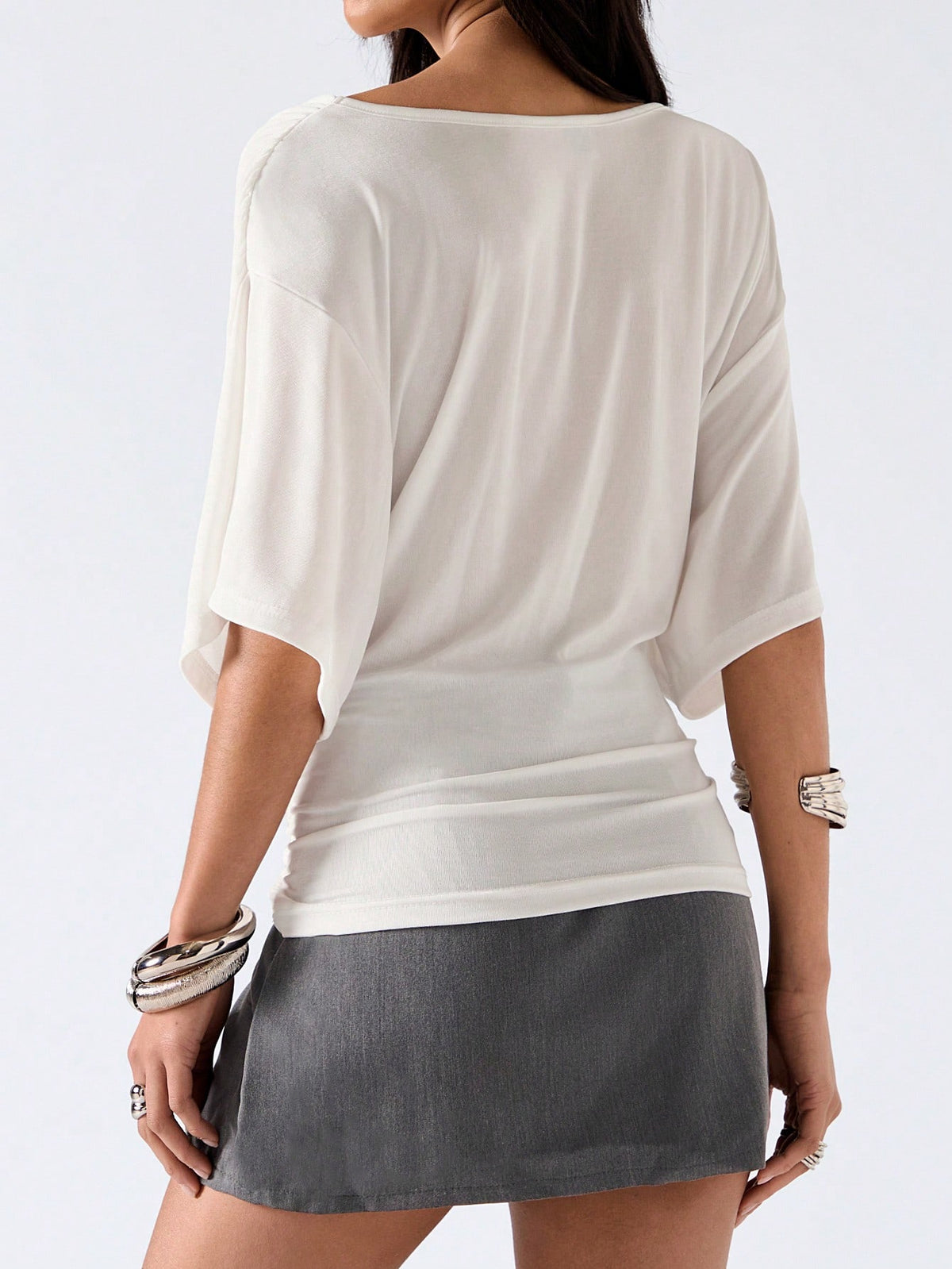 LYSMO Women's White Elegant Summer Brunch Minimalism Solid Color Overlapping V-Neck Batwing Short Sleeve Casual T-Shirt,Draped Wrap Scarf Shawl Tops