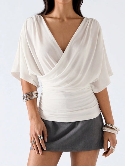 LYSMO Women's White Elegant Summer Brunch Minimalism Solid Color Overlapping V-Neck Batwing Short Sleeve Casual T-Shirt,Draped Wrap Scarf Shawl Tops