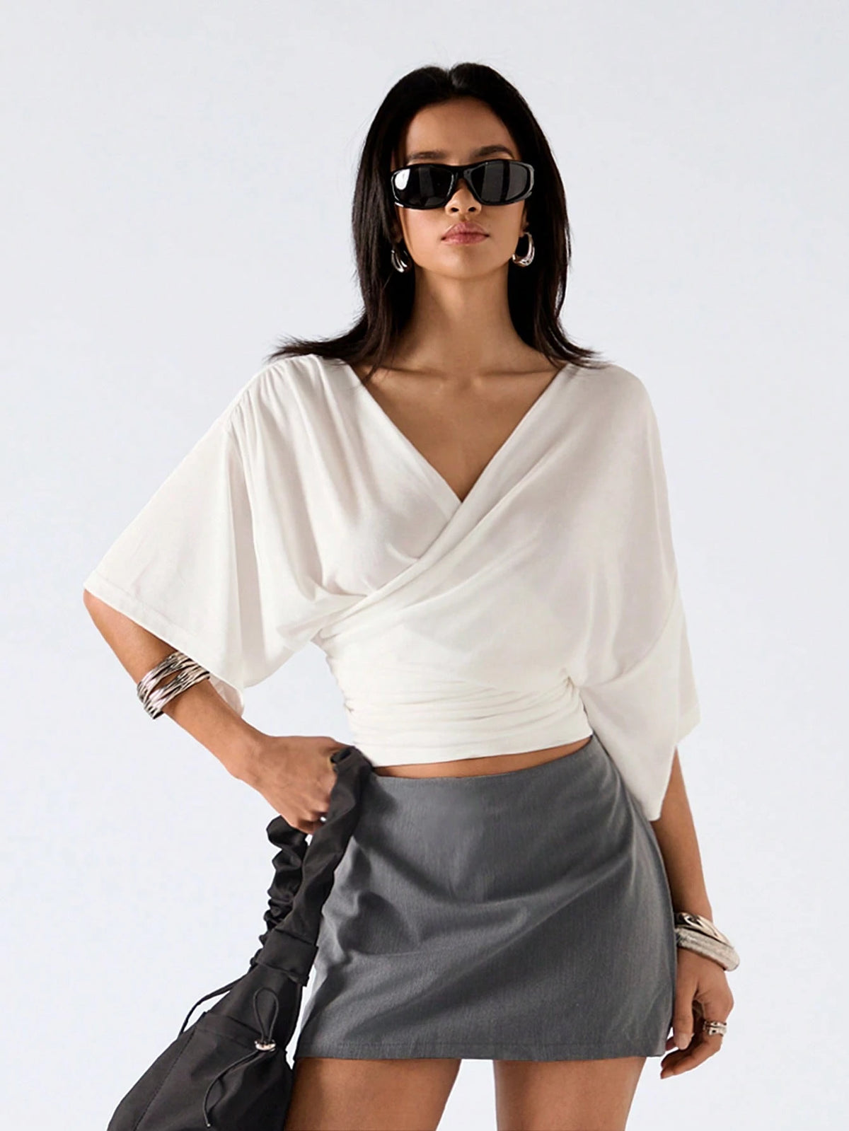 LYSMO Women's White Elegant Summer Brunch Minimalism Solid Color Overlapping V-Neck Batwing Short Sleeve Casual T-Shirt,Draped Wrap Scarf Shawl Tops