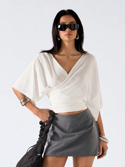 LYSMO Women's White Elegant Summer Brunch Minimalism Solid Color Overlapping V-Neck Batwing Short Sleeve Casual T-Shirt,Draped Wrap Scarf Shawl Tops