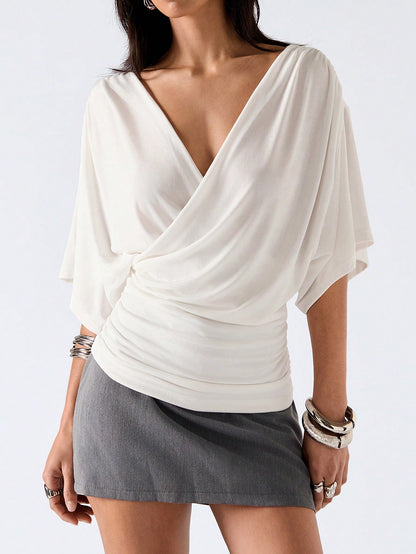 LYSMO Women's White Elegant Summer Brunch Minimalism Solid Color Overlapping V-Neck Batwing Short Sleeve Casual T-Shirt,Draped Wrap Scarf Shawl Tops
