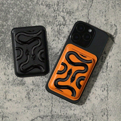 Magnetic Advanced PU Leather Snake Pattern Magnet Card Clip For IPhone 16 15 14 13 12 Pro Max Wallet Ultra-Thin Protective Design Can Hold 1-3 Credit Cards Or ID Cards