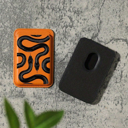 Magnetic Advanced PU Leather Snake Pattern Magnet Card Clip For IPhone 16 15 14 13 12 Pro Max Wallet Ultra-Thin Protective Design Can Hold 1-3 Credit Cards Or ID Cards