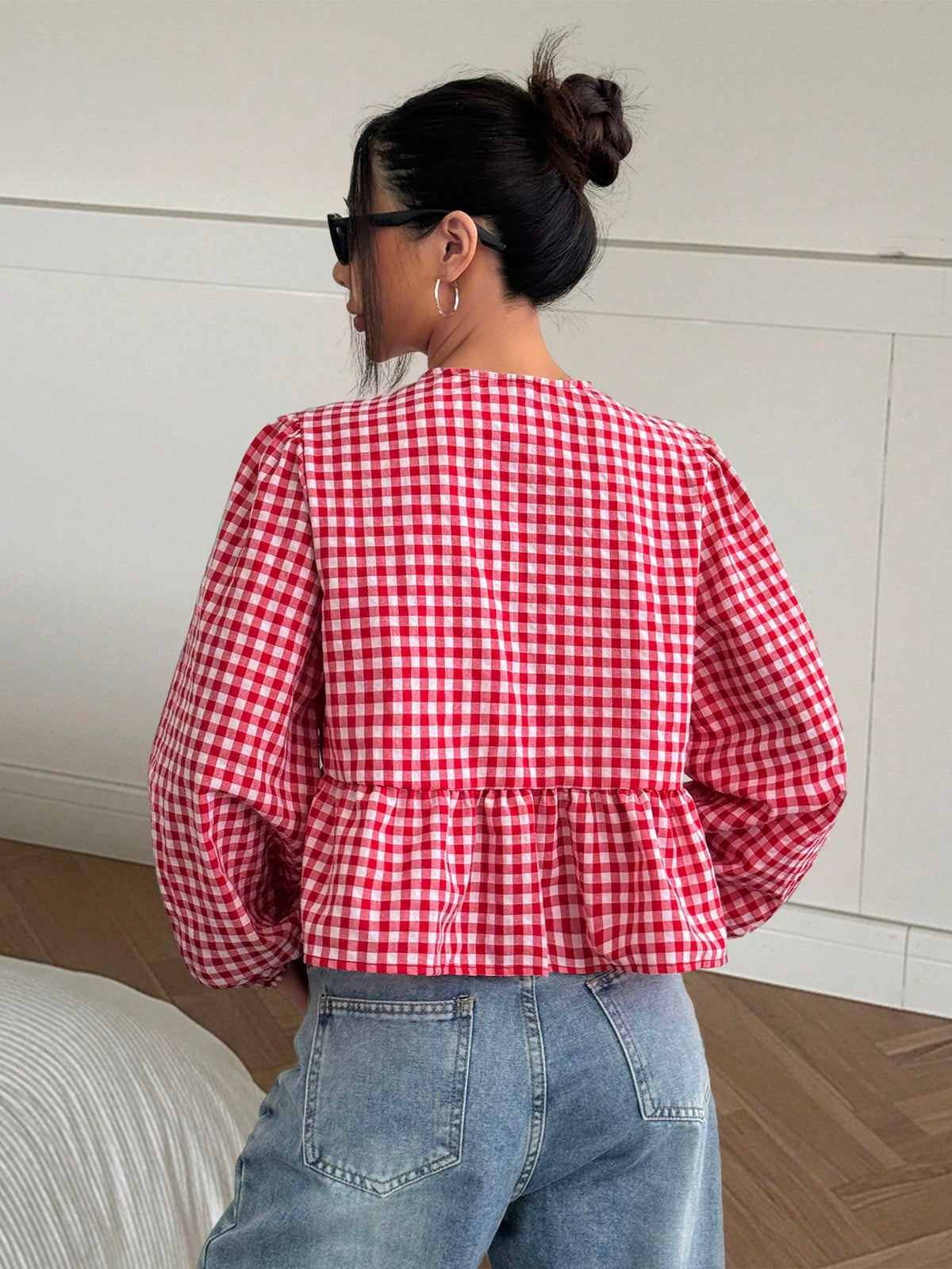 MainGRL 2025 New Arrival Summer Women's Western, Cowgirl Hippie Vintage Round Neck Gingham Print Top