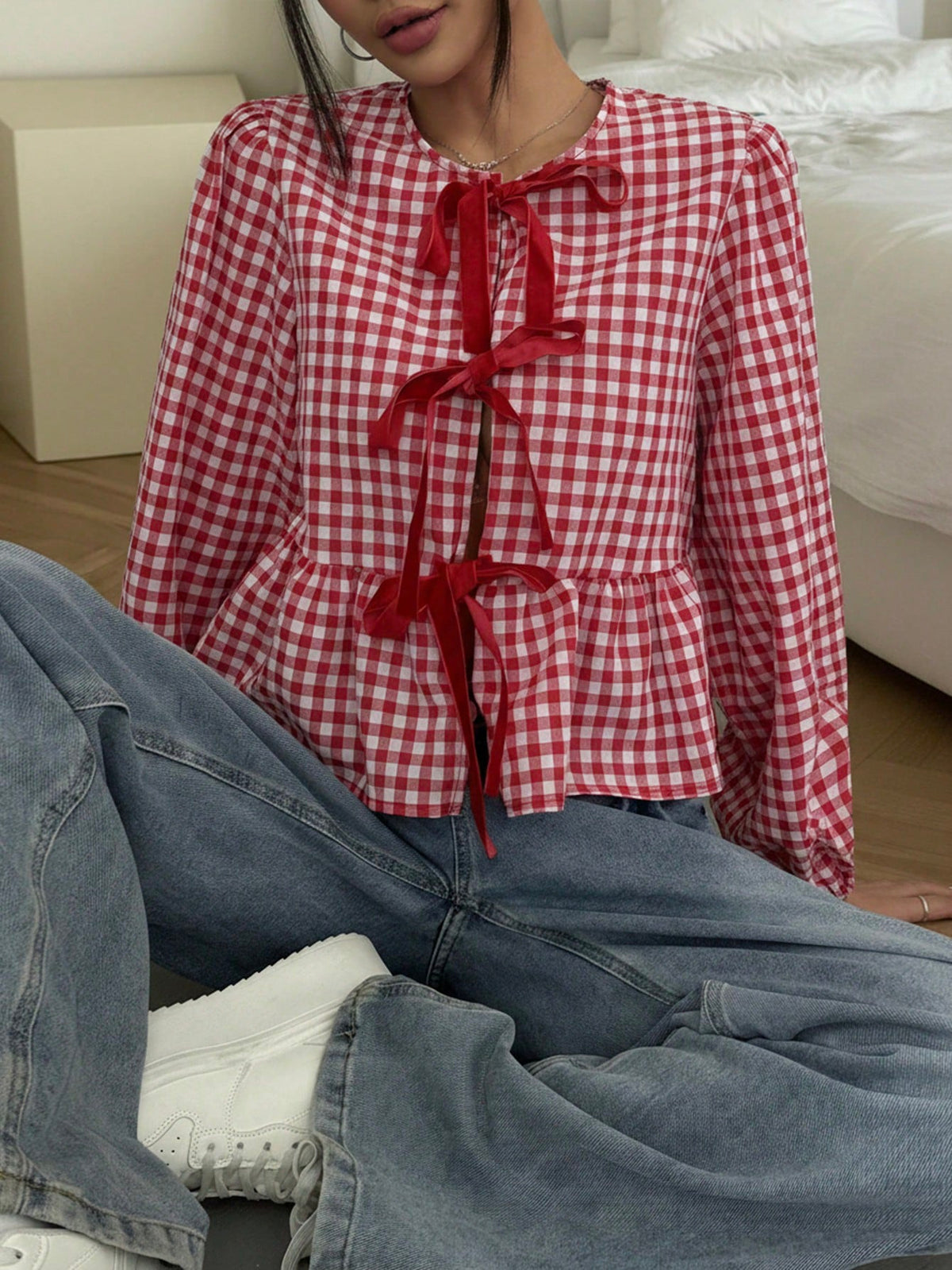 MainGRL 2025 New Arrival Summer Women's Western, Cowgirl Hippie Vintage Round Neck Gingham Print Top