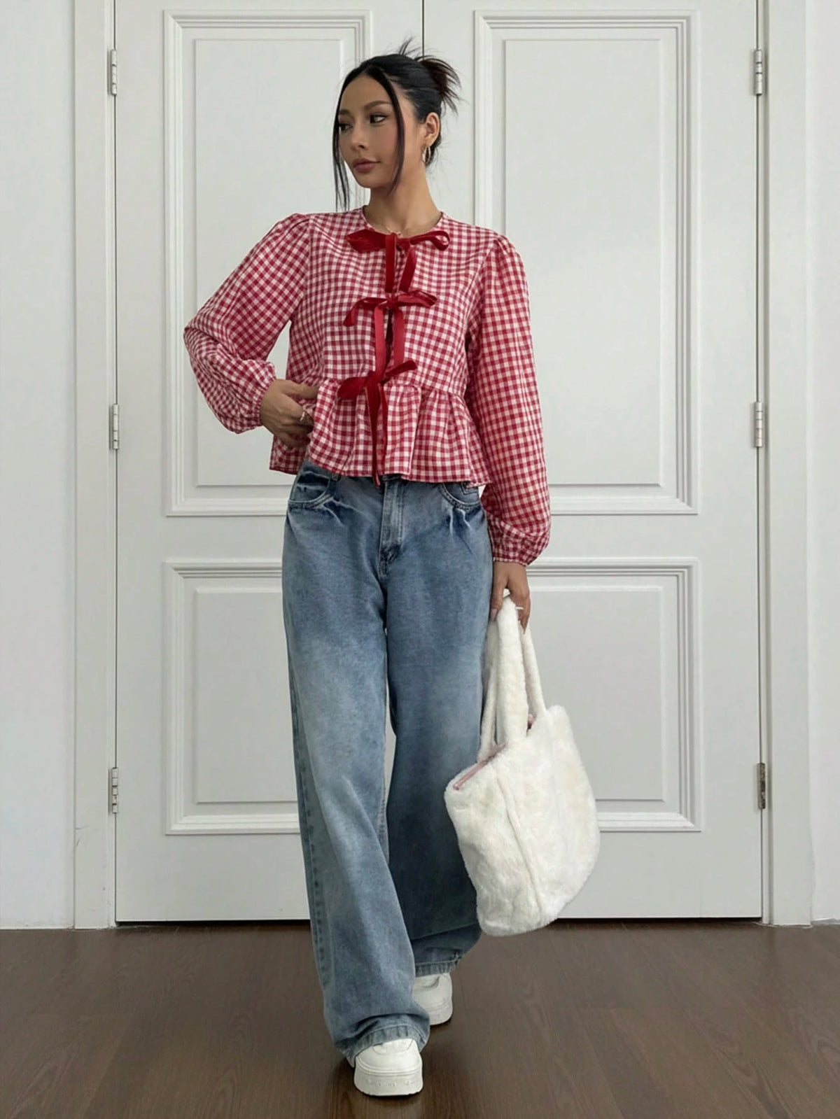 MainGRL 2025 New Arrival Summer Women's Western, Cowgirl Hippie Vintage Round Neck Gingham Print Top