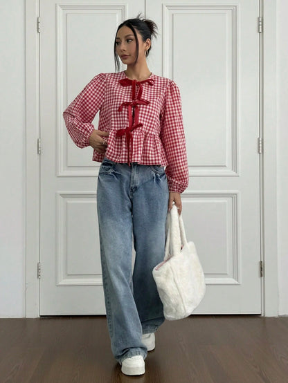 MainGRL 2025 New Arrival Summer Women's Western, Cowgirl Hippie Vintage Round Neck Gingham Print Top