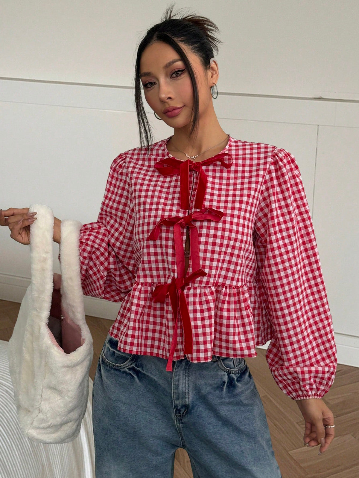 MainGRL 2025 New Arrival Summer Women's Western, Cowgirl Hippie Vintage Round Neck Gingham Print Top