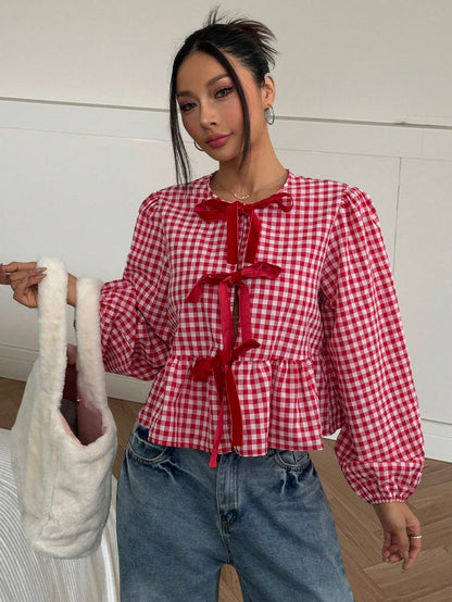 MainGRL 2025 New Arrival Summer Women's Western, Cowgirl Hippie Vintage Round Neck Gingham Print Top