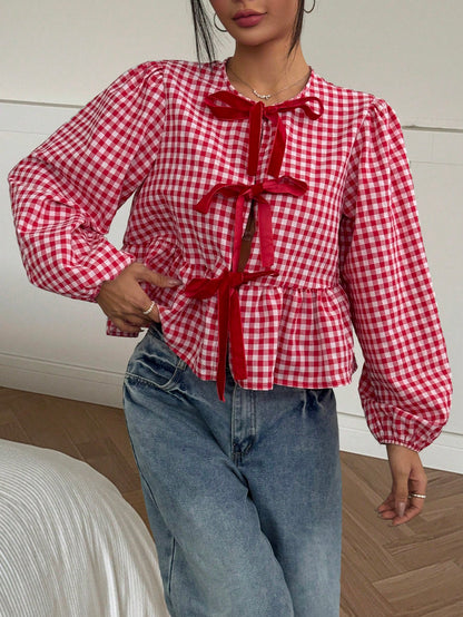 MainGRL 2025 New Arrival Summer Women's Western, Cowgirl Hippie Vintage Round Neck Gingham Print Top