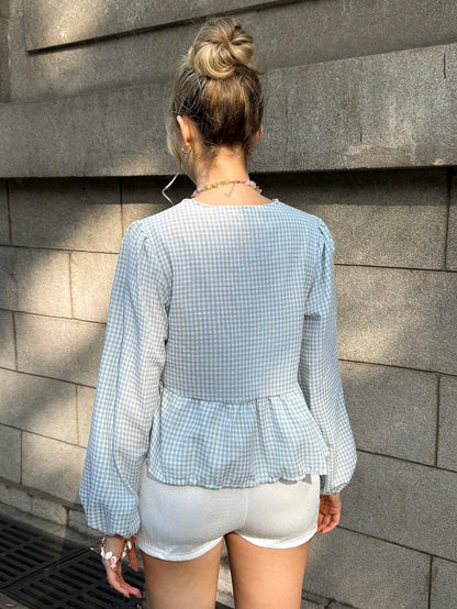 MainGRL 2025 New Arrival Summer Women's Western, Cowgirl Hippie Vintage Round Neck Gingham Print Top
