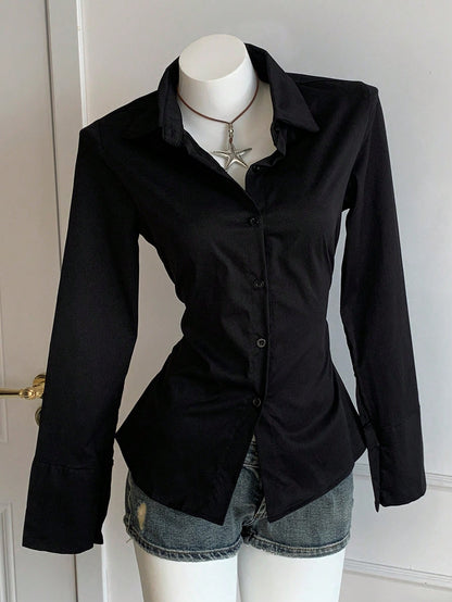 MainGRL Black Casual Waist Cinched Shirt With Folds For Women,Long Sleeve Tops