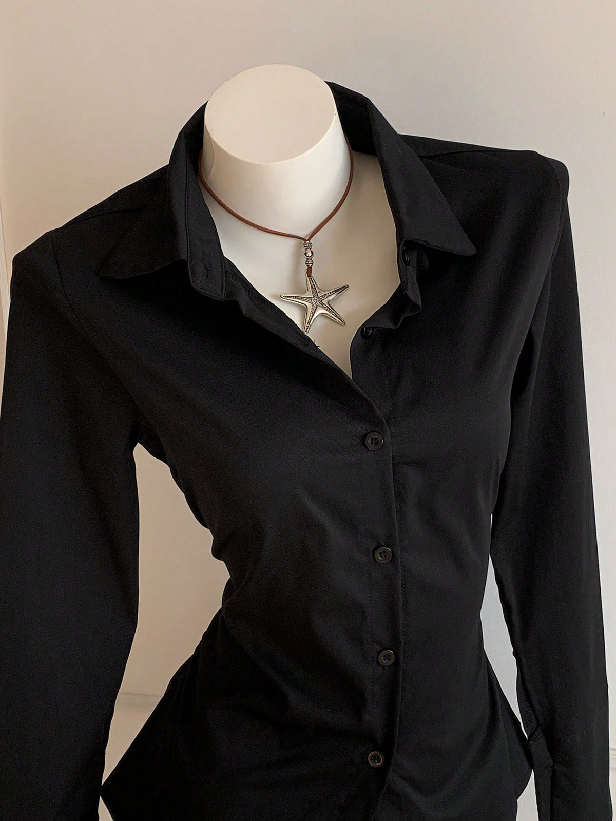 MainGRL Black Casual Waist Cinched Shirt With Folds For Women,Long Sleeve Tops
