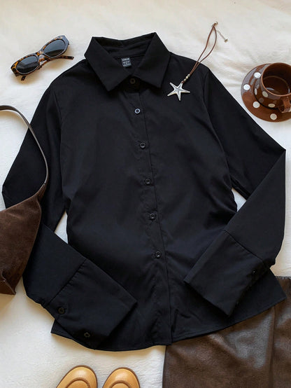 MainGRL Black Casual Waist Cinched Shirt With Folds For Women,Long Sleeve Tops