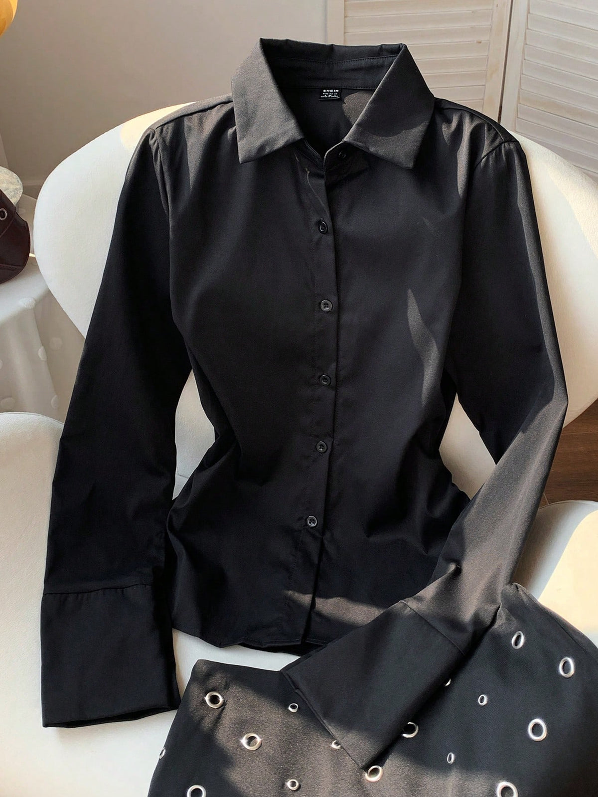 MainGRL Black Casual Waist Cinched Shirt With Folds For Women,Long Sleeve Tops